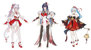 3girls absurdres animal_ears ankle_garter bare_shoulders black_hair black_thighhighs blue_eyes blue_hair bridal_gauntlets bronya_zaychik cat_ears cat_tail reference_sheet china_dress chinese_clothes colored_inner_hair detached_sleeves dress fake_animal_ears fake_tail garter_straps grey_eyes hair_ornament high_heels highres honkai_(series) honkai_impact_3rd kiana_kaslana multicolored_hair multiple_girls ponytail purple_eyes raiden_mei skirt taichi_(yirkorn) tail tail_ornament thighhighs white_hair white_thighhighs wide_sleeves