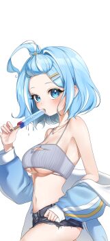 1girl absurdres arahashi_tabi bangs_pinned_back black_shorts blue_eyes blue_hair blue_jacket blush breasts charachan900 cleavage cleavage_cutout clothing_cutout commentary cowboy_shot crop_top cropped_shirt denim denim_shorts fellatio food forehead from_side grey_shirt hair_ornament hairclip highres holding holding_food holding_popsicle jacket jacket_partially_removed large_breasts long_sleeves looking_at_viewer looking_to_the_side micro_shorts multicolored_hair navel oral parallel_hairclips popsicle shirt short_hair shorts simple_background simulated_fellatio sleeveless sleeveless_shirt sleeves_past_wrists solo spaghetti_strap standing stellive stomach streaked_hair symbol-only_commentary torn_clothes torn_shorts underboob virtual_youtuber white_background