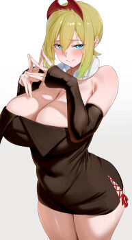 1girl absurdres alternate_breast_size_(larger) bare_shoulders black_dress blonde_hair blue_eyes blush breasts cleavage closed_mouth commentary_request detached_sleeves dress gradient_background grey_background hair_between_eyes highres huge_breasts irida_(pokemon) jewelry looking_at_viewer neck_ring nintendo own_hands_together pokemon pokemon_legends:_arceus ratsuku_kinoko short_hair sidelocks sleeves_past_wrists solo standing thighs