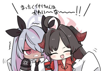 2girls :d ^_^ ahoge anger_vein arm_around_shoulder black_gloves black_hair black_necktie black_ribbon blue_archive blush_stickers chibi clenched_hand closed_eyes collared_shirt dark-skinned_female dark_skin dress_shirt fang gloves grey_hair hair_intakes hair_over_one_eye hair_ribbon halo horns iori_(blue_archive) kasumi_(blue_archive) lab_coat miranofuudoria multiple_girls necktie off_shoulder open_clothes open_mouth red_eyes red_shirt ribbon shirt simple_background smile translation_request trembling white_background white_shirt