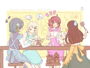 4girls ahoge aoshirota apron aqua_apron back_bow black_hair black_skirt black_vest blonde_hair blue_apron blue_bow blunt_ends bow braid brown_hair bulletin_board collared_shirt comedic_sweatdrop commentary_request cooking dress flipped_hair flower food frilled_apron frills from_behind from_side gakuen_idolmaster green_dress hair_bun hair_flower hair_ornament hairclip hanami_ume hataya_misuzu holding holding_food holding_spatula idolmaster indoors kuramoto_china long_hair looking_at_another looking_at_object maid math medium_hair multiple_girls musical_note parallel_hairclips pink_apron shinosawa_hiro shirt short_sleeves side_braid single_side_bun skirt sleeves_rolled_up spatula speech_bubble stool table thought_bubble vest watch white_flower white_shirt wristwatch yellow_apron yellow_bow