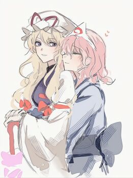 Rule 34 | 2girls, blonde hair, blue kimono, bow, closed eyes, closed mouth, closed umbrella, commentary request, dress, hair bow, hat, heart, holding, holding umbrella, hug, hug from behind, japanese clothes, kimono, long sleeves, mob cap, multiple girls, onigiri 222x714, pink hair, purple eyes, purple tabard, red bow, saigyouji yuyuko, smile, tabard, touhou, triangular headpiece, umbrella, white dress, wide sleeves, yakumo yukari, yuri