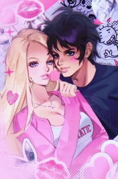 1boy 1girl aegyo_sal ahoge animal_sticker artist_name black_eyes black_hair black_shirt blonde_hair blue_eyes closed_mouth collage_background commentary diary_of_a_wimpy_kid doodle_inset drawn_heart dutch_angle earrings english_commentary eyelashes eyeshadow film_grain forehead four-pointed_star gold_earrings halftone heads_together heart heart_sticker highres holding holding_pen hoop_earrings jacket jewelry light_smile lipgloss lipstick_mark lipstick_mark_on_cheek long_hair looking_at_viewer makeup mean_girls necklace noisykoala open_clothes open_jacket paper_background parted_bangs parted_hair parted_lips pen pink_jacket playboy r_(letter) rabbit_sticker regina_george rodrick_heffley shirt short_hair silver_necklace sketch sleeves_past_wrists smokey_eyeshadow sticker straight_hair t-shirt tank_top teeth thick_lips upper_body white_tank_top