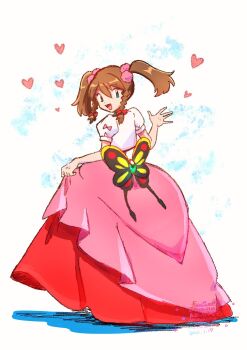 Rule 34 | 1girl, :d, blue eyes, bow, braid, brown hair, commentary request, dress, full body, hair between eyes, hair bow, heart, highres, hsym 2323, looking at viewer, looking back, may (pokemon), nintendo, official alternate costume, official alternate hairstyle, open mouth, pink dress, pokemon, pokemon: lucario and the mystery of mew, pokemon (anime), pokemon rse (anime), puffy short sleeves, puffy sleeves, red bow, short sleeves, skirt hold, smile, solo, twin braids, twintails