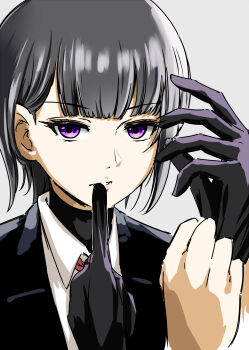 1girl adjusting_clothes adjusting_gloves black_gloves black_jacket collared_shirt commentary_request glove_in_mouth gloves grey_background grey_hair hair_behind_ear hands_up highres idolmaster idolmaster_cinderella_girls jacket mouth_hold purple_eyes shirayuki_chiyo shirt short_hair simple_background single_glove solo torako_(toramaru) upper_body white_shirt