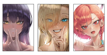 3girls absurdres ahoge asuna_(blue_archive) asymmetrical_bangs bare_shoulders black_hair blonde_hair blue_archive blush border braid clenched_hand collarbone column_lineup earrings ggz_(gguzal_95) hair_over_one_eye halo highres jewelry karin_(blue_archive) looking_at_viewer mole mole_under_each_eye mole_under_eye multiple_girls multiple_moles neru_(blue_archive) pink_hair single_braid smile stud_earrings v v_over_mouth white_border