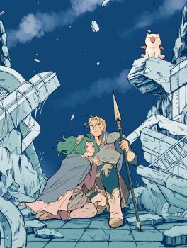 1boy 1girl blonde_hair blood blood_on_face blue_cloak blue_eyes blue_pants boots cape cloak commentary_request creature detached_sleeves dress edgar_roni_figaro final_fantasy final_fantasy_vi full_body gold_trim green_hair hair_ribbon hand_on_another's_chest hetero highres holding holding_polearm holding_weapon ika_okura_66 kneeling long_hair low_ponytail moogle on_one_knee outdoors pants pantyhose parted_bangs pink_cape polearm ponytail print_pantyhose purple_eyes red_boots red_dress red_sleeves ribbon ruins sash tina_branford waist_sash weapon white_boots