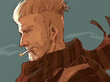 1boy bags_under_eyes beard blue_background cigarette connected_beard facial_hair fate/grand_order fate_(series) highres male_focus monochrome old old_man pichoko plaid_clothes plaid_scarf scarf short_hair smoking solo upper_body william_tell_(fate)