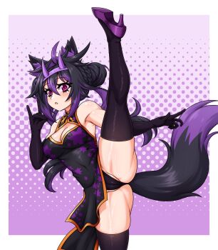 1girl :o absurdres ahoge alt_text animal_ears ass bare_shoulders black_dress black_gloves black_hair black_panties black_tail black_thighhighs border braid breasts bun_with_braided_base cameltoe cat_ears cat_girl cat_tail china_dress chinese_clothes cleavage cleavage_cutout clothing_cutout collared_dress colored_tips commentary covered_navel cowboy_shot curled_fingers curled_tail diamond-shaped_pupils diamond_(shape) diamond_cutout dithering double-parted_bangs double_bun dress elbow_gloves english_commentary eyebrows_hidden_by_hair fake_horns floating_hair floral_print gloves gold_bow gold_trim gradient_background groin groin_tendon hair_between_eyes hair_bun hair_flaps hair_intakes hairband hand_up high_heels highleg highleg_dress highres horn_hairband horns index_finger_raised leaning_to_the_side leg_focus leg_up light_blush long_eyelashes long_hair long_legs long_sidelocks looking_at_viewer mandarin_collar medium_breasts multicolored_hair open_hand open_mouth original outstretched_arm panties pantyshot partially_visible_vulva pelvic_curtain pink_background purple_background purple_dress purple_eyes purple_hair purple_hairband purple_horns purple_shoes purple_streaks purple_tail raised_eyebrows shoes short_dress side_slit sidelocks skindentation sleeveless sleeveless_dress slit_pupils solo sparkling_eyes split standing standing_on_one_leg standing_split streaked_hair striped_blush symbol-shaped_pupils tail tail_raised thick_eyelashes thick_thighs thighhighs thighs thong tight_clothes tight_dress toned toned_female two-tone_dress two-tone_hair two-tone_tail underwear upskirt very_long_hair vixenofthestars wavy_hair white_background white_border wide_hips