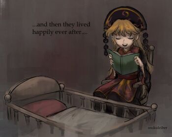 Rule 34 | 1girl, artist name, black dress, blonde hair, book, chair, chinese clothes, closed eyes, commentary, cradle, dress, english commentary, english text, holding, holding book, junko (touhou), long hair, long sleeves, on chair, open book, open mouth, sitting, smile, solo, sparkle71059204, touhou