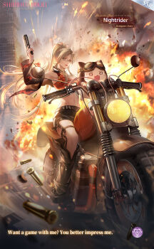 1girl abs animal artist_request belt belt_buckle black-framed_eyewear black_belt black_boots black_cloak black_leg_warmers black_shorts blonde_hair blue_sky boots buckle building cat character_name cloak clothed_animal cloud commentary copyright_name day denim denim_shorts ear_covers embers english_commentary english_text explosion expressionless full_body glasses goggles goggles_on_head gun handgun high_ponytail highres holding holding_gun holding_weapon hood hood_up hooded_cloak leg_warmers lipstick logo long_hair looking_ahead makeup midriff momo_(nikki) motor_vehicle motorcycle navel nikki_(series) o_o official_alternate_costume official_art on_motorcycle outdoors parted_lips ponytail red_lips red_sports_bra riding second-party_source shell_casing shining_nikki short_shorts shorts sidelocks sky skyscraper sports_bra thigh_belt thigh_strap toned toned_female v-shaped_eyebrows very_long_hair violence weapon whiskers white_cat yellow_eyes zoey_(shining_nikki)