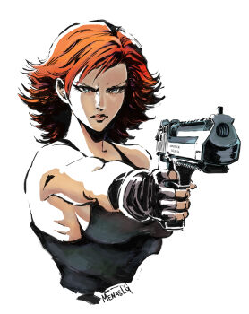 Rule 34 | 1girl, absurdres, angry, bare shoulders, blue eyes, breasts, cropped torso, desert eagle, finger on trigger, fingerless gloves, flipped hair, gloves, gun, handgun, highres, holding, holding gun, holding weapon, large breasts, menaslg, meryl silverburgh, metal gear (series), metal gear solid, no bra, perspective, pistol, red hair, short hair, sideboob, signature, solo, tank top, weapon, white background