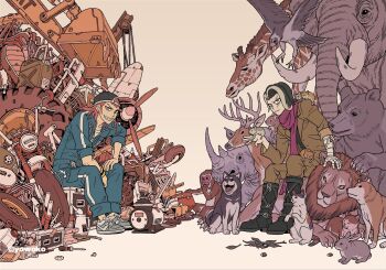 2boys animal animal_on_hand bandaged_arm bandages baseball_cap bear bird black_footwear black_hair boots brown_jacket cat danganronpa_(series) danganronpa_2:_goodbye_despair deer dog earrings elephant fangs giraffe grey_eyes hat hawk heterochromia horns jacket jewelry jumpsuit light_smile lion long_hair long_sleeves looking_at_viewer medium_hair monkey mouse_(animal) multicolored_hair multiple_boys nihonbashi_yowoko parted_bangs pink_eyes pink_hair rabbit red_eyes red_scarf rhinoceros scar scar_on_face scarf shiba_inu shoes simple_background sitting smile soda_kazuichi tanaka_gundham taped_fingers teeth trash two-tone_hair two-tone_jumpsuit v-shaped_eyebrows wristband