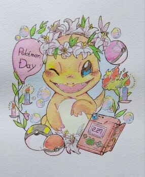 balloon blue_eyes bubble candle charmander commentary_request fire flame-tipped_tail gen_1_pokemon highres looking_at_viewer love_ball nintendo no_humans one_eye_closed open_mouth painting_(medium) paper_texture poke_ball pokedex pokemon pokemon_(creature) pokemon_day ponjuusu solo tail traditional_media ultra_ball watercolor_(medium) white_lily
