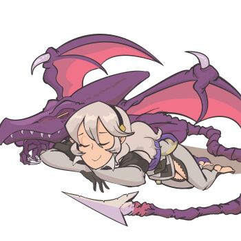 Rule 34 | alien, closed eyes, davewaterfalls, dragon wings, female corrin (fire emblem), fire emblem, fire emblem fates, hairband, lying, metroid, nintendo, on stomach, ridley, simple background, sleeping, white hair, wings