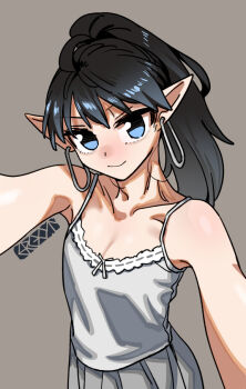 1boy bare_shoulders black_hair blue_eyes blue_hair bremen_(ergot) closed_mouth commentary dress earrings ergot hoop_earrings jewelry looking_at_viewer original pointy_ears ponytail reaching reaching_towards_viewer smile solo trap upper_body white_dress