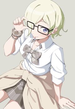 1girl absurdres black-framed_eyewear blonde_hair bow bowtie breasts brown_cardigan cardigan cardigan_around_waist clothes_around_waist collared_shirt cowboy_shot detached_sleeves glasses grey_background grey_bow grey_bowtie grey_skirt gyaru gyarugasaki highres invisible_chair kogal looking_at_viewer love_live! love_live!_nijigasaki_high_school_idol_club medium_breasts mia_taylor miniskirt official_alternate_costume plaid_bow plaid_bowtie plaid_clothes plaid_skirt purple_eyes shirt short_hair simple_background sitting skirt solo uchuu_no_mozuku white_shirt