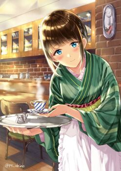 1girl apron black_hair blush brick_wall cafe chair clock coffee coffee_pot coffee_wo_shizuka_ni commentary cover cover_page cup disposable_cup female_focus indoors japanese_clothes kimono leaning_forward light light_smile looking_at_viewer miyabi_akino mole mole_under_eye official_art shadow shizuka_(coffee_wo_shizuka_ni) short_hair sidelocks signature solo steam sugar_bowl twitter_username waist_apron waitress wooden_floor