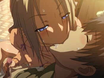 1boy 1girl 2010s 2011 bed blonde_hair blue_eyes breasts covered_erect_nipples drooling french french_kiss handjob jellyfish_(company) kamimura_akiko keisuke_(sisters) kiss kouzaka_kouhei large_breasts lips long_hair long_sleeves nipples_visible_through_shirt no_bra older_female_and_younger_male penis premature_ejaculation saliva saliva_trail shiny_skin shocked_pupils shy sisters_~natsu_no_saigo_no_hi~ surprised sweat sweater taki_minashika uncensored veins veiny_penis