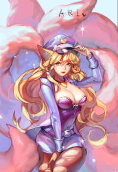 1girl ahri_(league_of_legends) alternate_costume alternate_eye_color alternate_hair_color animal_ears ask_(dreaming_cat) belt between_legs black_pantyhose blonde_hair blue_eyes bow breasts character_name cleavage cosplay cowboy_shot dress facial_mark female_focus fox_ears fox_girl fox_tail girls'_generation hair_between_eyes hand_between_legs hand_up hat hat_bow hat_tip heart idol jacket jewelry k-pop korean_clothes large_breasts league_of_legends long_hair looking_at_viewer military_hat miniskirt multiple_tails necklace open_clothes open_jacket pantyhose parted_lips peaked_cap pendant pink_dress popstar_ahri side_slit sideboob skirt smile solo sparkle tail torn_clothes torn_pantyhose very_long_hair wavy_hair whisker_markings