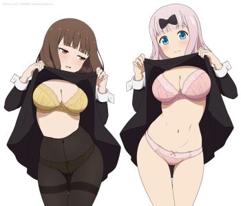 2girls :3 alternate_breast_size black_bow black_dress black_pants black_pantyhose blue_eyes blush bow bra breasts brown_eyes brown_hair closed_mouth clothes_lift coro_fae cowboy_shot dress dress_lift fujiwara_chika hair_bow highres iino_miko kaguya-sama_wa_kokurasetai_~tensai-tachi_no_renai_zunousen~ large_breasts lifting_own_clothes long_hair looking_at_viewer looking_to_the_side medium_breasts multiple_girls navel paid_reward_available panties panties_under_pantyhose pants pantyhose pink_bra pink_hair pink_panties school_uniform shuuchiin_academy_school_uniform simple_background smile standing sweat thighband_pantyhose underwear white_background wrist_cuffs yellow_bra yellow_panties