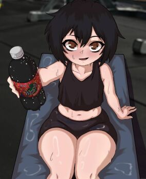 1girl arm_at_side bike_shorts black_camisole black_hair black_shorts blurry blurry_background blush bottle brown_hair camisole chasa1990 collarbone eyelashes feet_out_of_frame female_focus flat_chest from_above highres holding holding_bottle indoors kyojiri_loli loli looking_at_viewer looking_up manaos marvel navel open_mouth outstretched_arm peni_parker pov presenting short_hair shorts sitting smile soda solo spider-man_(series) spider-verse sweat wide_hips