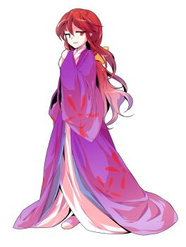 Rule 34 | 1girl, alphes (style), bow, coat, commentary request, dairi, floral print, full body, hair between eyes, hair bow, hand up, highres, japanese clothes, kimono, kotohime (touhou), large variant set, long hair, long sleeves, low-tied long hair, open clothes, open coat, parody, parted lips, purple coat, red eyes, red hair, smile, solo, standing, style parody, tachi-e, touhou, touhou (pc-98), transparent background, v arms, variant set, white kimono, wide sleeves, yellow bow