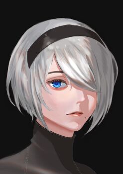 1girl 2b_(nier:automata) absurdres aegyo_sal black_background black_hairband blue_eyes commentary eyelashes grey_hair hair_over_one_eye hairband highres looking_at_viewer mole mole_under_mouth nier:automata nier_(series) parted_bangs pink_lips short_hair simple_background solo straygoatling upper_body