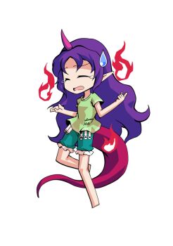 Rule 34 | 1girl, barefoot, breasts, chibi, chibi only, closed eyes, commentary request, dairi, full body, green shirt, green shorts, horns, large variant set, long hair, pink horns, purple hair, red tail, shirt, shorts, simple background, single horn, solo, tachi-e, tenkajin chiyari, test tube, touhou, transparent background, variant set, very long hair