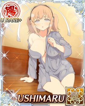 1girl :o arm_up bench border breasts bright_pupils card_(medium) character_name cleavage game_cg grey_eyes grey_robe hair_ribbon hand_on_bench headphones indoors large_breasts looking_at_viewer medium_hair naked_robe official_art orange_hair ribbon robe sauna senran_kagura senran_kagura_new_wave short_twintails single_off_shoulder sitting solo third-party_source twintails ushimaru_(senran_kagura) white_pupils white_ribbon