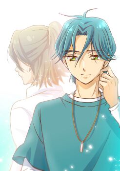 Rule 34 | 2boys, ahoge, brown hair, closed mouth, collarbone, earrings, facing back, fading, green eyes, green hair, green shirt, hair between eyes, half updo, hibiki kaito, highres, jewelry, kazuma (precure), kimi to idol precure, long sleeves, looking at another, looking back, male focus, mature male, multiple boys, neck, necklace, parted bangs, precure, profile, sakusakamin, shirt, short hair, transparent, white shirt