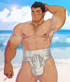 1boy armpit_stubble armpits artist_request bara beach beard_stubble bleach blush bulge cigarette cowboy_shot day facial_hair hairy highres holding holding_cigarette kurosaki_isshin large_bulge large_pectorals looking_at_viewer male_focus mature_male midriff_sarashi muscular muscular_male navel nipples pectorals sarashi short_hair solo sparse_arm_hair sparse_leg_hair standing strongman_waist stubble tan thick_thighs thighs water