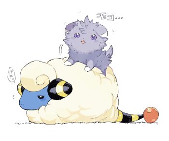 animal_focus commentary_request dot_nose espurr fang fluffy gen_2_pokemon gen_6_pokemon highres mareep newo_(shinra-p) nintendo no_humans open_mouth pokemon pokemon_(creature) pokemon_focus pokemon_on_back purple_eyes sheep simple_background speech_bubble translation_request white_background