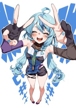 absurdres ahoge aqua_hair bra_over_clothes closed_eyes colored_bangs commentary_request double_v full_body gloves happy highres mm_(mm_chair) nijisanji open_mouth partially_fingerless_gloves tamanoi_nana twintails v virtual_youtuber white_background