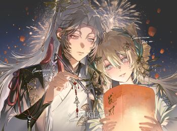 Rule 34 | 1boy, 1girl, absurdres, aerial fireworks, artist name, blonde hair, blue eyes, calligraphy brush, chinese clothes, closed mouth, commission, dougla, eyelashes, fireworks, grin, hair between eyes, hair ornament, hair stick, happy, hetero, heterochromia, high ponytail, highres, holding, holding calligraphy brush, holding lantern, holding paintbrush, lantern, lips, long hair, long sleeves, looking at object, makeup, mandarin collar, night, night sky, original, outdoors, paintbrush, paper lantern, parted bangs, ponytail, red eyes, red ribbon, ribbon, rouge (makeup), sidelocks, sky, sky lantern, smile, tassel, twintails, upper body, watermark, white eyes, white hair