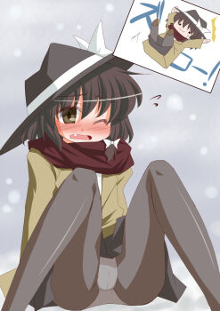 1girl :3 black_hat black_pantyhose black_skirt blush bow brown_eyes brown_shoes cameltoe chibi chibi_inset coat commentary_request fang hair_bow hat hat_bow kikkawa_(citrus_fruits) one_eye_closed open_mouth panties pantyhose pantyshot red_scarf scarf shoes sitting skirt slipping snowing solo sweater touhou translation_request trench_coat underwear usami_renko white_bow white_panties white_sweater yellow_coat