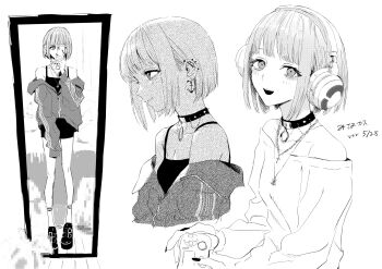 1girl 27-ji_no_cinderella anchor_earrings boots camisole choker commentary_request controller cross cross_necklace ear_piercing earrings fake_nails greyscale headphones highres holding holding_controller jacket jewelry light_blush long_sleeves looking_at_viewer minakasu mirror_selfie monochrome multiple_views nail_polish necklace off-shoulder_sweater off_shoulder open_mouth piercing platform_boots selfie short_hair simple_background smile socks sweater teyuruun track_jacket translation_request white_background