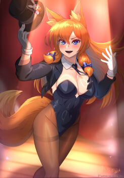 1girl :d animal_ear_fluff animal_ears artist_name black_hat black_jacket black_leotard black_necktie blue_bow blue_eyes blush bow breasts brown_pantyhose cleavage collarbone commentary commentary_request covered_navel cowboy_shot detached_collar english_commentary eyelashes fox_ears fox_girl fox_tail gloves groin hair_between_eyes hair_bow hat highleg highleg_leotard highres holding holding_unworn_clothes holding_unworn_hat jacket kitsu_(vilde_loh_hocen) large_variant_set leotard long_hair long_sleeves looking_at_viewer medium_breasts mixed-language_commentary necktie open_clothes open_jacket open_mouth orange_hair original pantyhose patreon_logo patreon_username playboy_bunny smile solo spotlight stage strapless strapless_leotard tail teeth top_hat unworn_hat unworn_headwear upper_teeth_only variant_set vilde_loh_hocen watermark web_address white_gloves