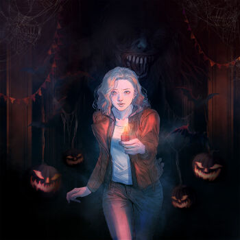 1girl absurdres bat_(animal) blonde_hair brown_jacket dark_background denim fog grace_ashcroft halloween highres holding holding_lighter jack-o&#039;-lantern jacket jeans lighter monster official_art pants resident_evil resident_evil_requiem silk solo_focus spider_web wide_mouth