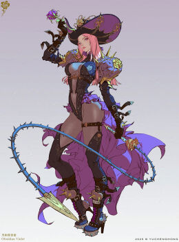 1girl 2025 adjusting_clothes adjusting_headwear arm_belt arm_up artist_name belt black_gloves black_thighhighs blue_eyes bodystocking boots bracelet breasts brown_belt brown_boots center_opening chinese_text commentary concept_art contrapposto copyright_notice covered_navel english_commentary fashion floral_print_leotard flower foreshortening full_body fur_trim gloves gold_rose gold_trim gradient_background grey_background groin hat hat_flower headwear_request heattech_leotard high-low_leotard high_heel_boots high_heels highleg highleg_leotard highres holding holding_flower holding_whip invisible_floor jewelry lace-up_boots large_breasts leg_belt legwear_garter leotard long_hair looking_to_the_side looking_up makeup nose original parted_hair parted_lips pink_hair pink_lips platform_boots puffy_short_sleeves puffy_sleeves purple_flower purple_rose rose rouge_(makeup) short_sleeves shoulder_spikes single_legwear_garter solo spiked_anklet spiked_boots spiked_bracelet spikes standing straight_hair studded_thigh_strap studded_thighhighs thigh_strap thighhighs thorns title turtleneck two-tone_hat yu_cheng_hong