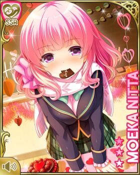 1girl blue_jacket bow button cake card chalkboard character_name envelope female_focus food food_in_mouth girlfriend_(kari) green_bow green_skirt indoors jacket nitta_moeka official_art pink_bow pink_hair plaid_clothes plaid_skirt purple_eyes qp:flapper scarf school shirt short_hair skirt smile solo sunset valentine white_shirt