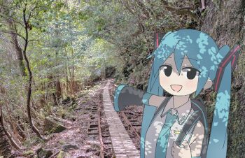 1girl :d auhuheben17 backpack bag black_eyes blue_hair blue_necktie blush collared_shirt dappled_sunlight day detached_sleeves forest hashtag-only_commentary hatsune_miku highres looking_at_viewer nature necktie open_mouth outdoors photo_background plant pointing railroad_tracks shirt smile solo sunlight tree twintails vanishing_point vines vocaloid
