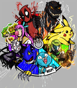 1girl 3others 4boys anger_vein angry baseball_bat blood burning_godzilla cartoon_network character_request chewing_gum color_wheel_challenge copyright_request crossover deadpool deadpool_(series) dinosaur doom_(series) doomguy electricity fangs fire gen_1_pokemon godzilla godzilla_(series) godzilla_vs._destoroyah grey_background gumball_watterson highres juan_guarnido kaiju marvel mecha_sonic multiple_boys multiple_drawing_challenge multiple_eyes multiple_others nervous nintendo open_mouth pikachu pink_hair pokemon scared silk smile smoke sonic_(series) spider_web sweat the_amazing_world_of_gumball toho