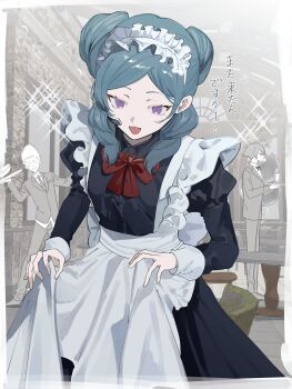 1girl 2boys alpha_(inazuma_eleven) alternate_costume apron aqua_hair beta_(inazuma_eleven) black_dress black_suit bow butler double_bun dress formal_clothes frilled_apron frills gamma_(inazuma_eleven) hair_bun highres holding_apron inazuma_eleven_(series) inazuma_eleven_go inazuma_eleven_go_chrono_stone maid maid_apron maid_headdress manami_(aph-23) multiple_boys purple_eyes red_bow smile suit translated