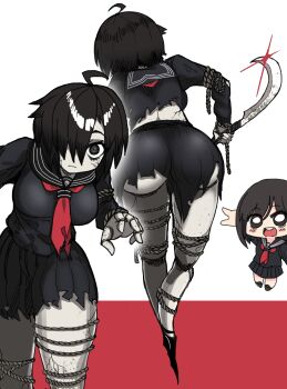 2girls absurdres ass_peek ayakakashi black_eyes black_hair black_serafuku black_skirt chibi doll_joints hair_over_one_eye highres holding holding_weapon joints koshou_shou_mitsu midriff multiple_girls multiple_views neckerchief red_neckerchief rope school_uniform serafuku shimizu_hinako silent_hill_(series) silent_hill_f skirt torn_clothes torn_skirt weapon