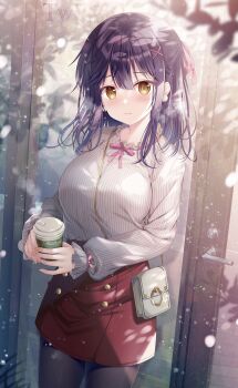 Rule 34 | 1girl, absurdres, bad id, bad twitter id, bag, black pantyhose, blush, breasts, brown eyes, closed mouth, commentary request, cowboy shot, cup, disposable cup, earrings, hair ornament, hair ribbon, highres, holding, holding cup, jewelry, large breasts, long sleeves, looking at viewer, medium hair, nail polish, nanami yuuno, neck ribbon, pantyhose, pink ribbon, pom pom (clothes), pom pom earrings, purple hair, red skirt, ribbon, shoulder bag, skirt, snowing, solo, sousouman, standing, steam, twinbox school, x hair ornament, yellow nails
