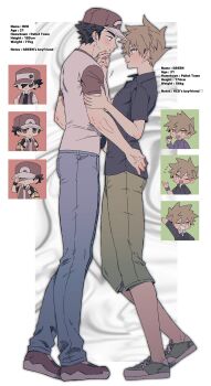 2boys :t absurdres arm_up backpack bag baseball_cap black_hair black_jacket black_shirt blue_oak blue_pants blush breast_pocket brown_eyes brown_hair capri_pants cheek_pinching closed_mouth collared_shirt commentary_request denim double-parted_bangs english_text eye_contact fang from_side green_pants green_shoes hand_on_another's_arm hand_on_another's_chin hand_on_another's_hip hat highres holding holding_poke_ball jacket jeans jewelry jitome long_sleeves looking_at_another male_focus multiple_boys necklace nintendo one_eye_closed open_clothes open_jacket open_mouth open_shirt outstretched_arm pants parted_bangs parted_lips pendant pinching pk_rgr96 pocket poke_ball poke_ball_(basic) pokemon pokemon_frlg pokemon_hgss pokemon_rgby pokemon_sm purple_shirt red_(pokemon) red_hat red_jacket red_shoes shirt shoes short_hair short_sleeves sideburns sleeveless sleeveless_jacket smile spiked_hair wristband yaoi yellow_bag