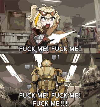 Rule 34 | 1girl, 1other, aegis (girls' frontline), assault rifle, blood, english text, firing, gameplay mechanics, girls' frontline, gun, holding, holding gun, holding weapon, kcco (girls' frontline), parody, profanity, rifle, robocop, robocop 1, robot, sterling (girls' frontline), subtitled, weapon, wtfman