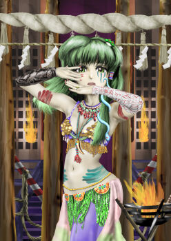 1girl arm_warmers armpits blue_bra bodypaint bra commentary_request fire frog_hair_ornament green_eyes green_hair hair_ornament hair_tubes hands_up japanese_clothes jewelry jindai_moji kams kochiya_sanae lips long_hair miko navel necklace nontraditional_miko open_mouth red_nails ring rope shimenawa shrine single_hair_tube skirt snake_hair_ornament tooth_necklace touhou underwear