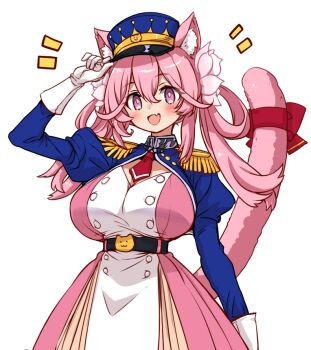 1girl :d above-cleavage_cutout adjusting_clothes adjusting_headwear animal_ear_fluff animal_ears belt belt_buckle black_belt blue_hat blue_shrug blush bow breasts bright_pupils buckle buttons cat_belt_buckle cat_ears cat_girl cat_tail clothing_cutout commentary_request cowboy_shot double-breasted double-parted_bangs dress epaulettes fang gloves hair_between_eyes hand_up hat hirowa_nagi indie_virtual_youtuber large_breasts long_hair long_sleeves looking_at_viewer necktie notice_lines open_mouth pink_dress pink_eyes pink_hair red_bow red_necktie reinya_himemiya short_necktie shrug_(clothing) simple_background skin_fang smile solo tail tail_bow tail_ornament transparent_background virtual_youtuber white_gloves white_pupils